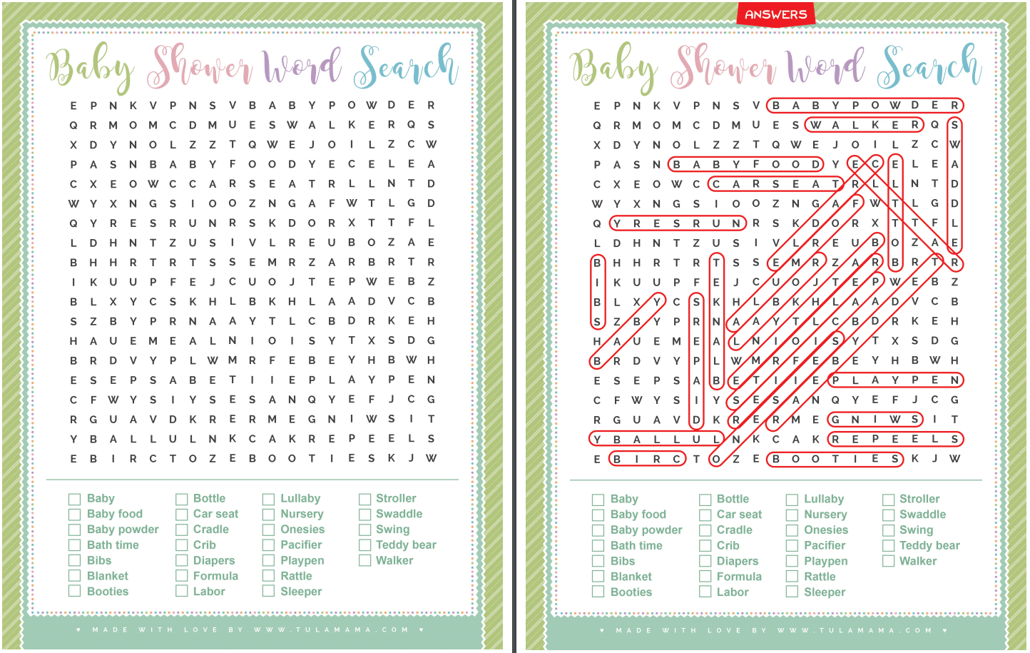 Baby Shower Word Search With Answer Key Tulamama