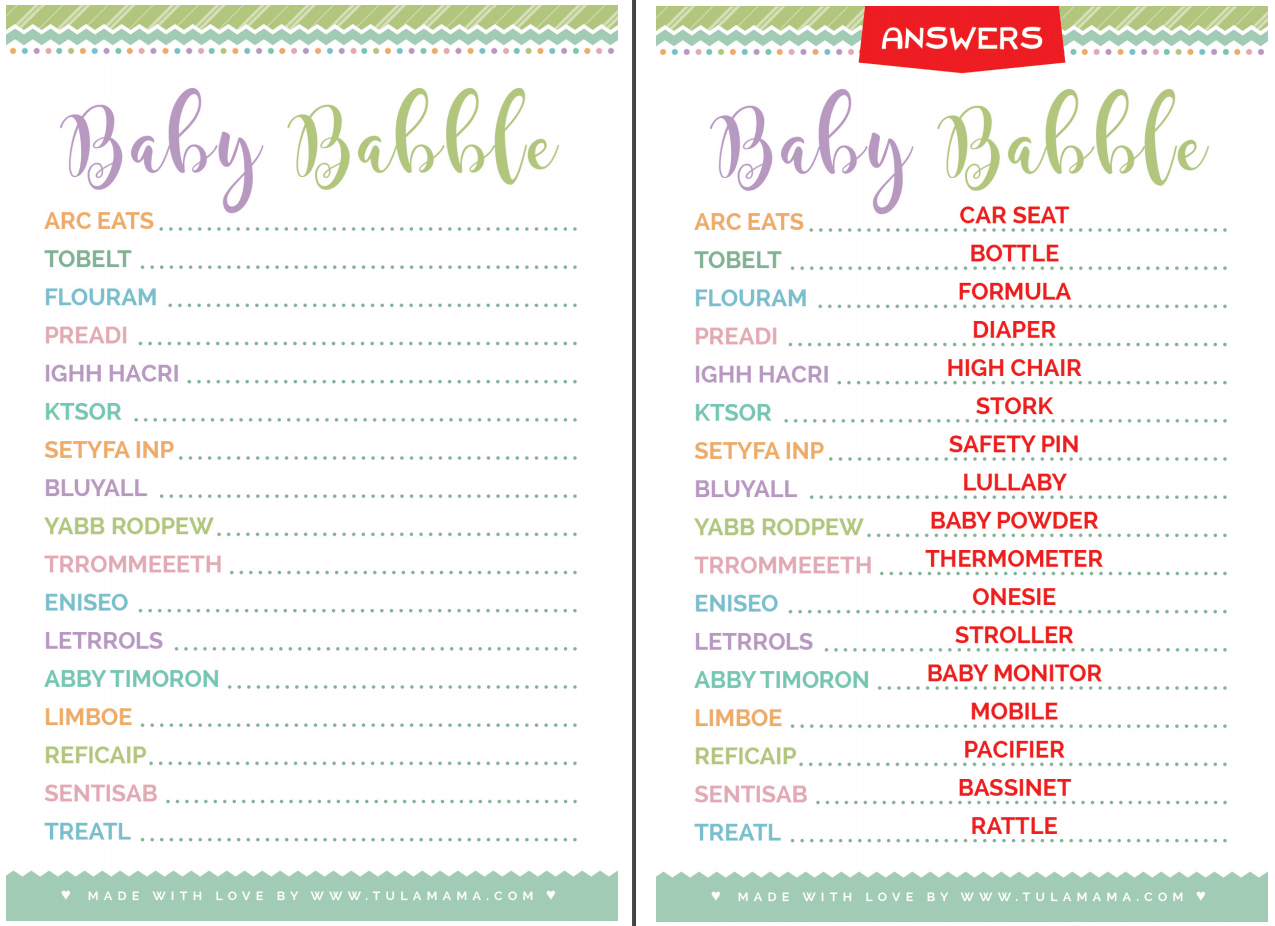 Printable Word Scramble Baby Shower Game with Answer Key Heart Theme Instant Download New Baby Celebration Neutral Colors Baby Shower
