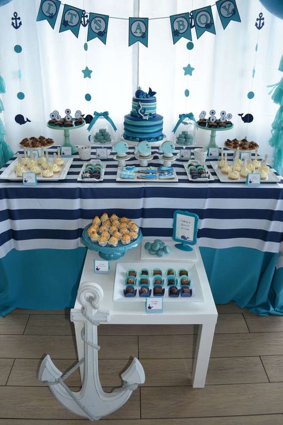 blue and gold baby shower decorations