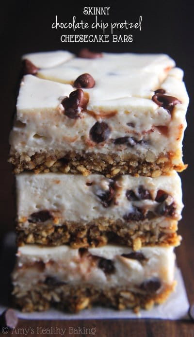 Skinny Chocolate Chip Pretzel Cheesecake Bars