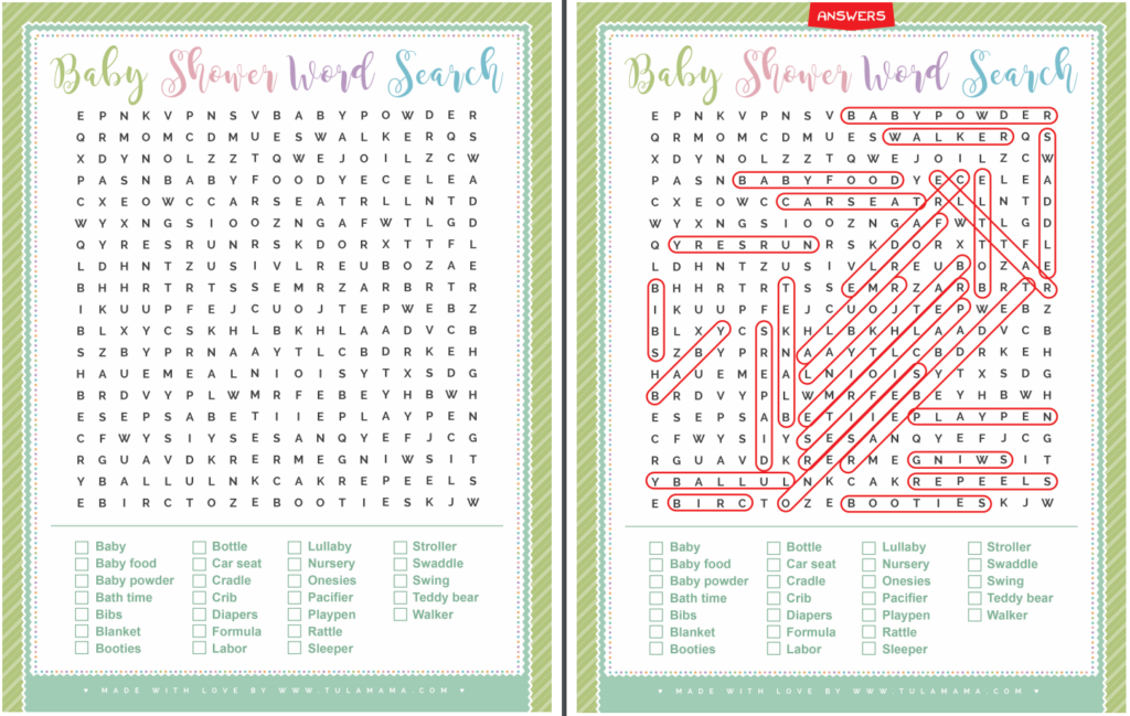 Baby Shower Word Search With Answer Key - Tulamama