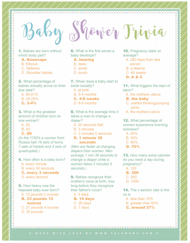 Baby Shower Trivia Questions With Answers