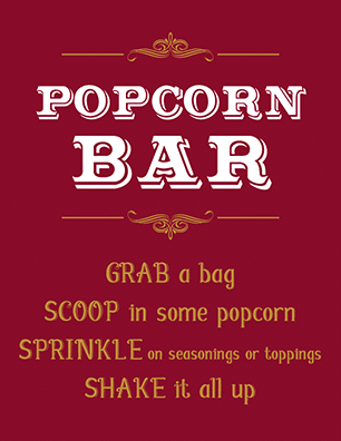FREE Printable popcorn bar sign ideas. Are you creating your own DIY Popcorn bar? You're going to need popcorn signage. Click to see lots of cute, fun and fresh popcorn bar sign ideas to choose from. These popcorn signs can be used for baby showers, parties, movie nights, for weddings, etc. Pin it. #popcornbar #popcornbarideas