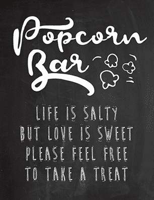 FREE Printable popcorn bar sign ideas. Are you creating your own DIY Popcorn bar? You're going to need popcorn signage. Click to see lots of cute, fun and fresh popcorn bar sign ideas to choose from. These popcorn signs can be used for baby showers, parties, movie nights, for weddings, etc. Pin it. #popcornbar #popcornbarideas