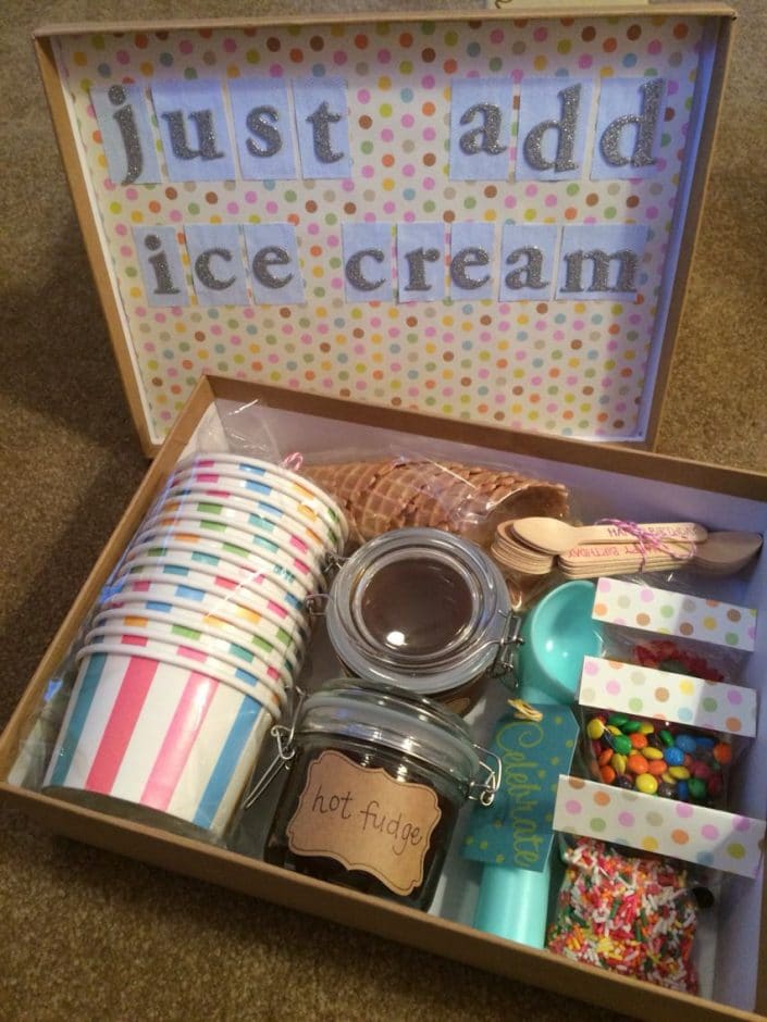 Ice cream sundae in a box, just add ice cream !!  Ice cream gift basket, Ice  cream gift, Best christmas gifts