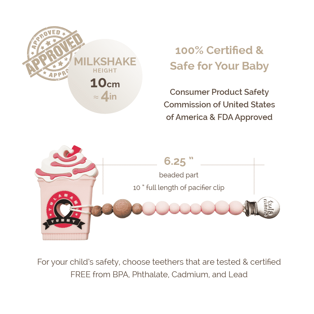 Baby girl gift set strawberry milkshake frappe teether and pink pacifier clip