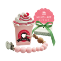 Strawberry frappe milkshake silicone teether and pink pacifier clip baby girl gift set