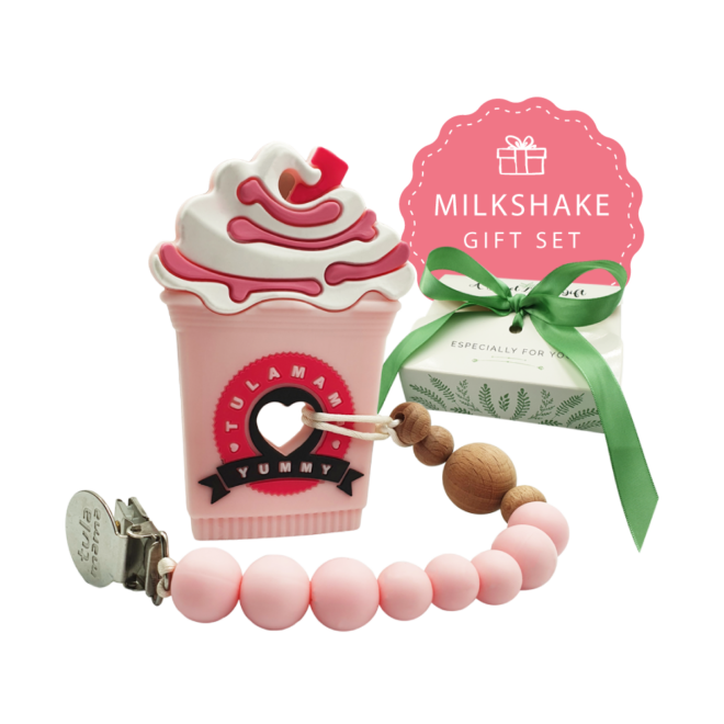 Strawberry frappe milkshake silicone teether and pink pacifier clip baby girl gift set