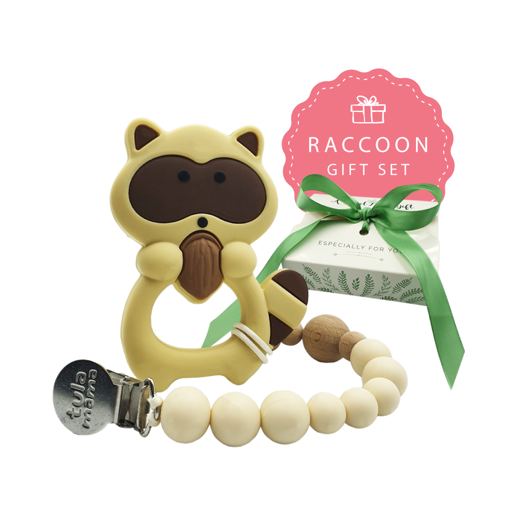 Pacifier Clip & Raccoon Teether Baby Shower Gift Set - Tulamama