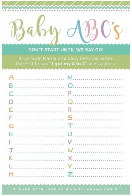 Baby Shower Alphabet Game Template