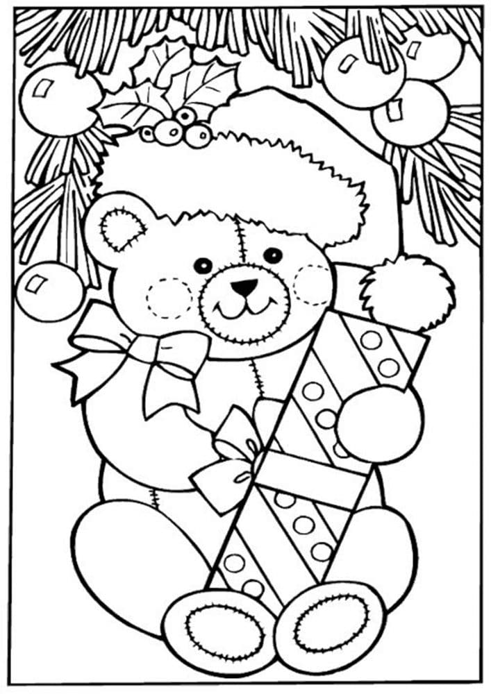 Christmas coloring page with a cute bear